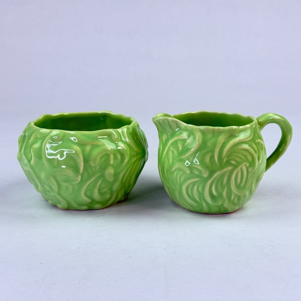 Vintage Sylvac England Green Ceramic‎ Cream and Sugar Set Embossed Leaf Design